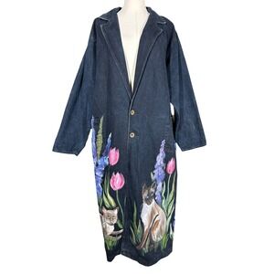 Sunbelt Sportswear Hand Painted Denim Duster Coat Cats Floral Vtg Dark Wash XL?